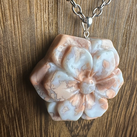 Pink Agate (“Cotton Candy Agate”) Flower Pendant on Stainless Steel Chain - Picture 6 of 14
